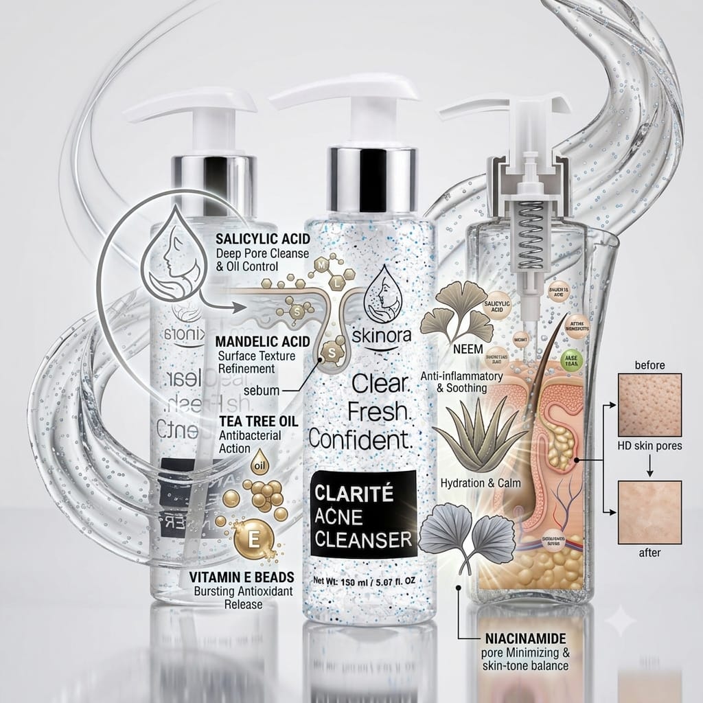 Three Skinora bottles arranged on a light gray reflective surface