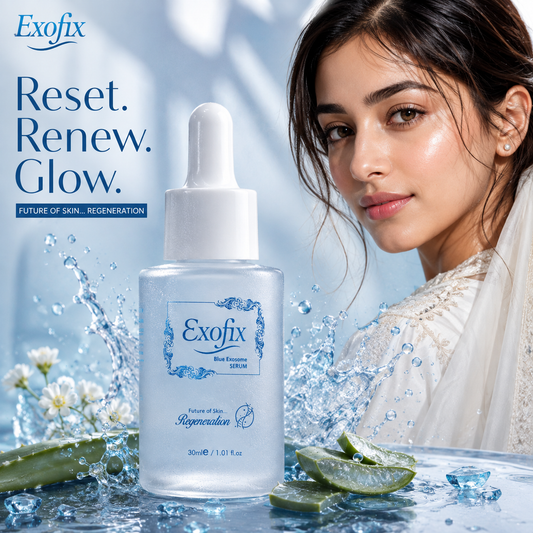 Exofix Blue Essence 100ml skincare dropper bottle shown in a promotional ad with a woman on the right, water splashes, aloe vera slices, and the text 'Reset. Renew.