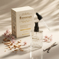 Redensar Regenerative Hair Serum by Alchemy, shown with its cream-colored product box, a clear glass dropper bottle, and scattered natural ingredients including cherry blossoms, dried leaves, and vanilla beans on a warm beige surface with soft shadows.