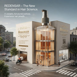 A stylized city street scene featuring a large glass bottle of REDENSAR hair serum positioned in front of a modern building branded REDENSAR and ALCHEMY. The scene includes pedestrians, cars, trees, and sky, with promotional text at the top reading 'REDENSAR – The New Standard in Hair Science.