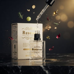 A clear glass bottle labeled REDENSAR with a black dropper above it, showing a liquid drop falling into the bottle. The box behind it is cream with gold lettering, and the scene is styled with floating gold coins, rose petals, and botanical elements against a dark background.