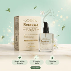Redensar Biologistic Hair Growth shampoo bottle and its packaging box, displayed on a marble surface with a soft mint green background and floating decorative elements. Three feature badges at the bottom highlight benefits: Healthy Hair Growth, Stronger Nails, and Glowing Skin.