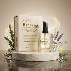 Alchemy Redensar Resolve Active Hair Serum displayed with its white and gold packaging box and a clear glass pump bottle on a white marble pedestal, decorated with green rosemary sprigs, purple lavender, and white daisies against a warm beige background.