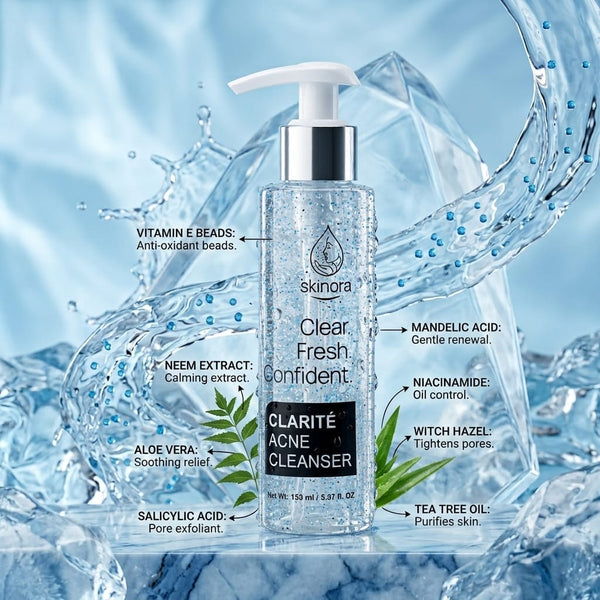 A bottle of skinora Clarité Acne Cleanser centered against a dynamic icy splash background. The clear bottle shows liquid inside, with a white pump, silver collar, and a black label listing key ingredients like vitamin E beads, neem extract, salicylic acid, and tea tree oil.