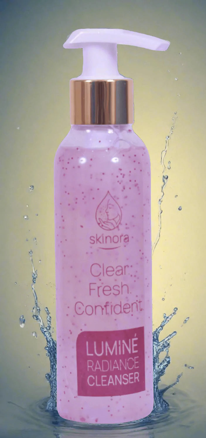 Skincare cleanser bottle with pink label on a yellow background