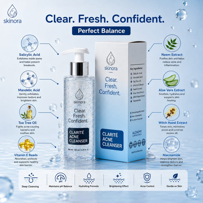 Skinora Clarté face wash bottle and box on a light blue background with ingredient callouts