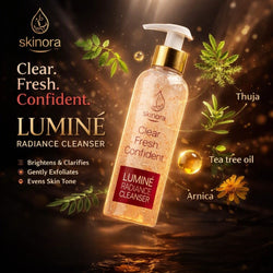 Skinora Luminé Radiance Cleanser bottle floating on a dark, glowing background with botanical and ingredient callouts including Thuja, tea tree oil, and Arnica.