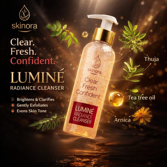 Skinora Luminé Radiance Cleanser bottle floating on a dark, glowing background with botanical and ingredient callouts including Thuja, tea tree oil, and Arnica.