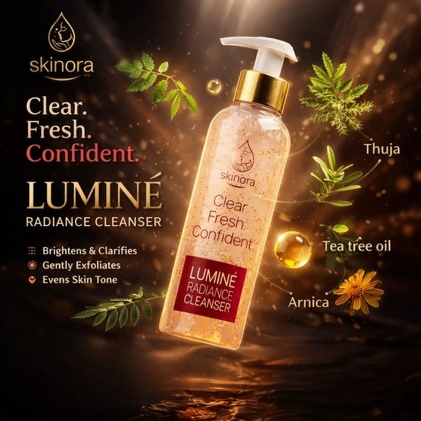 Skinora Luminé Radiance Cleanser bottle floating on a dark, glowing background with botanical and ingredient callouts including Thuja, tea tree oil, and Arnica.