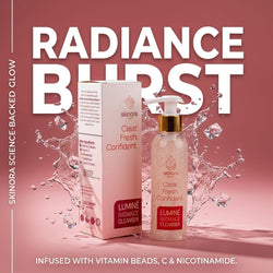 Skinora Lumine Radiance Cleanser bottle and box displayed on a pink background with water splash graphics and large white text reading 'RADIANCE BURST'.