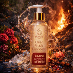 A bottle of skinora Luminé Radiance Cleanser stands in the center, surrounded by dramatic splashing water, ice, red roses, and a fiery background. The bottle is clear with golden liquid inside, a white pump, and a gold collar with a dark red label.
