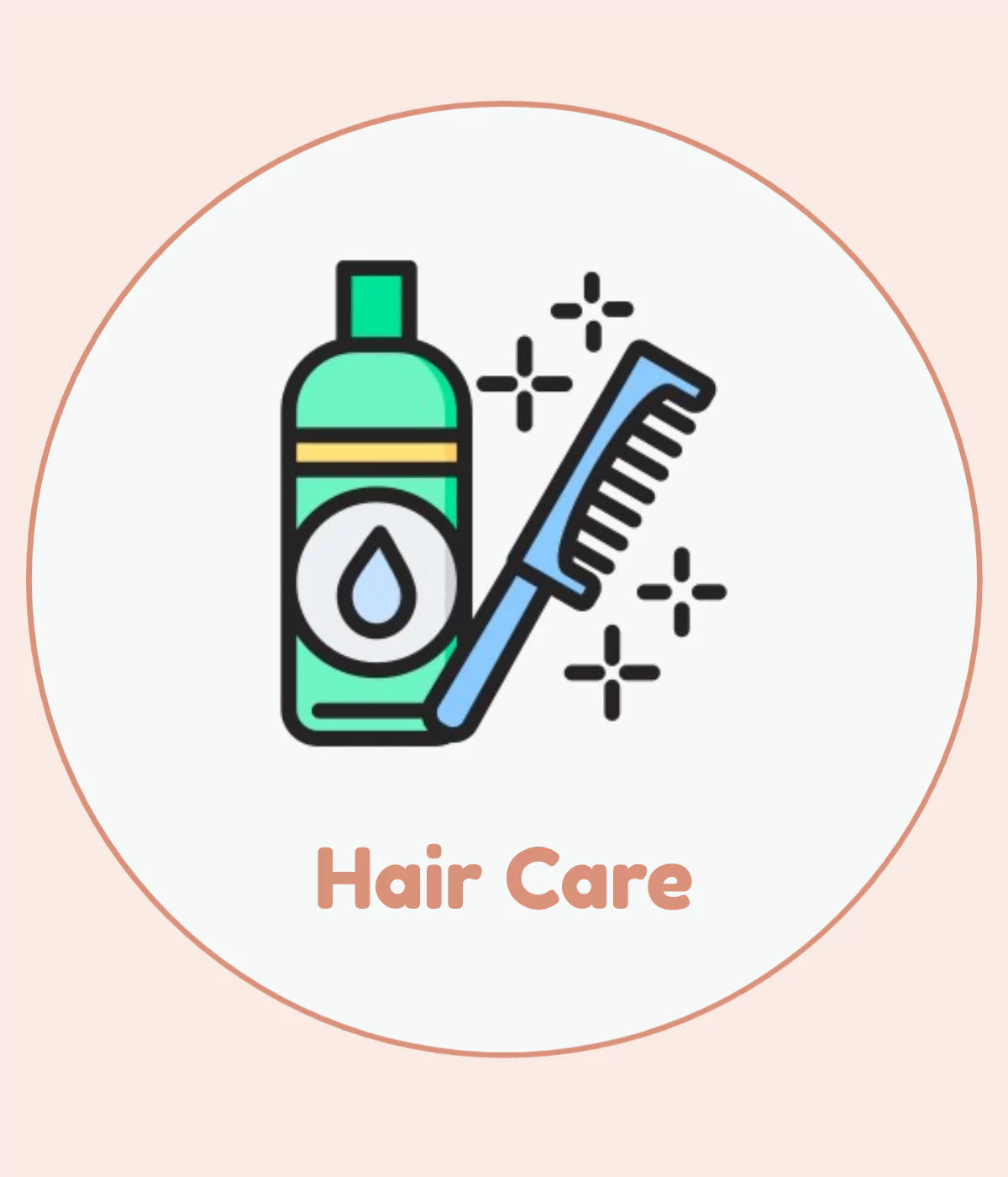 Icon of a bottle and comb with 'Hair Care' text on a peach background