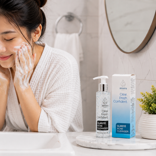 A woman with white foam on her face washes her face in a bright bathroom, with a skincare bottle and its box labeled 'skinaora Clear, Fresh, Confident' on a marble tray beside her.