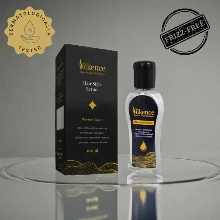 Silkence hair style serum packaging with bottle and box on a gray background