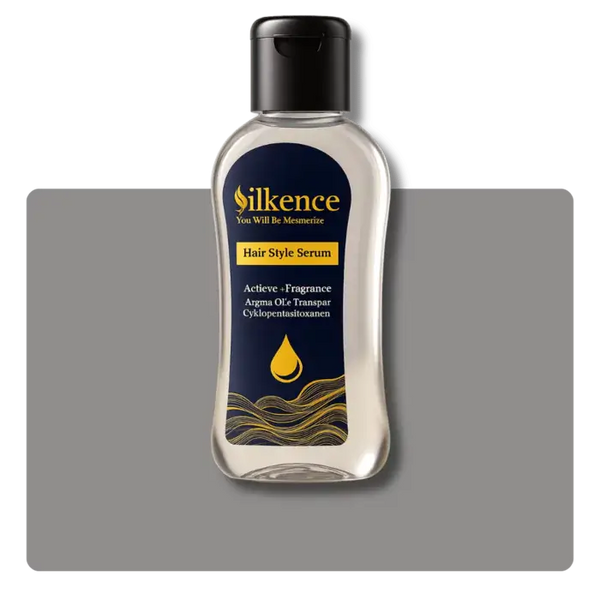 Silkence hair style serum bottle on a gray background