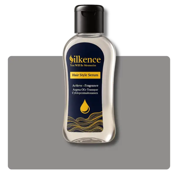 Silkence hair style serum bottle on a gray background