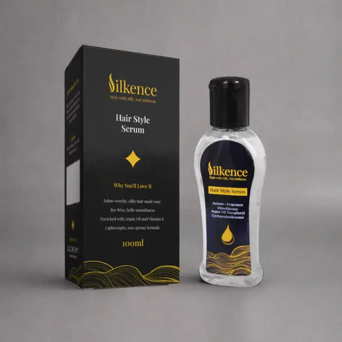 Silkence hair style serum bottle and packaging on a gray background