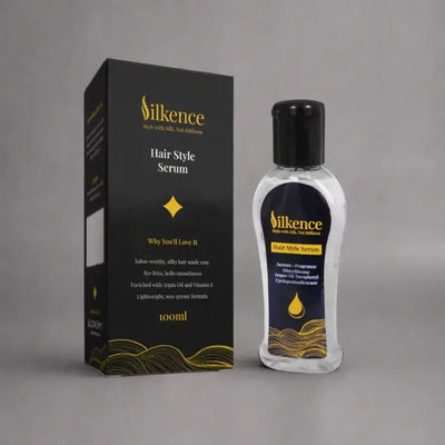 Silkence hair style serum bottle and packaging on a gray background