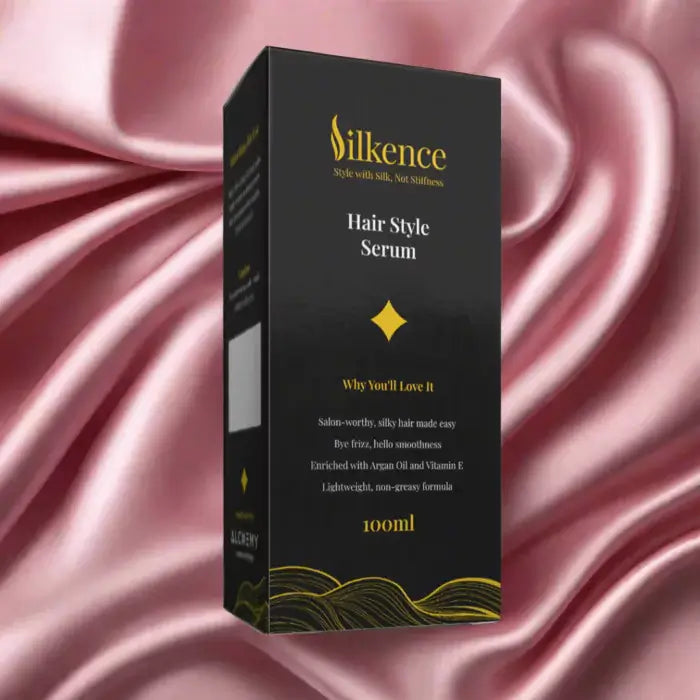 Silkence Hair Style Serum packaging on a pink satin background